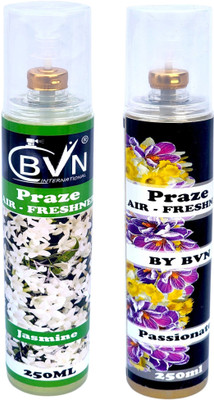 BVN International Jasmine & Passonate Spray Air Room Freshener Spray Combo of 2 (250ml each) |Jasmine, Passonate Fragrances | Long-lasting Odour Eliminator for Home, Hotel Rooms, Toilet & Office Use(2 x 125 ml)