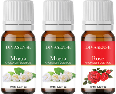 Divasense Home Fragrance Oil Burner, Mogra, Rose Aroma Oil, Diffuser, Diffuser Set, Refill 10ml each Aroma Diffuser Oil/ Burner Oil, pack of 3 Freshener Fragrance(3 x 10 ml)