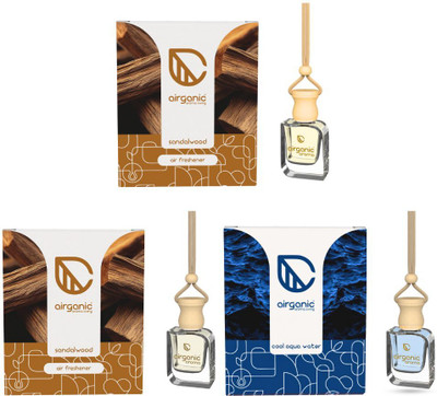 Airganic Aroma Swing Prime Combo Offer : Sandalwood - Pack 2 & Cool Aqua Car Freshener Diffuser Aroma Swing Prime Car Perfume Hanging Pod | Sandalwood - Pack 2 & Cool Aqua | Car Air Freshener |Natural Essential Fragrance Oils in Glass Bottle with Wooden Diffuser Lid |Last Upto 60 Days(3 x 10 ml)