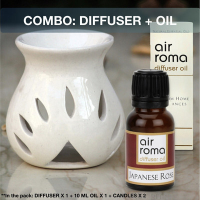 Airroma Japanese Rose Diffuser, Diffuser Set, Aroma Oil Ceramic Aroma Diffuser Oil Burner(White) with 10ml Japanese Rose Diffuser Oil & 2 Pcs Candles(4 x 1 Units)
