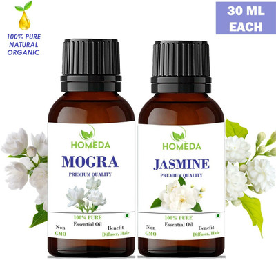 Homeda Mogra and Jasmine Aroma Oil Mogra and Jasmine Essential Oils for Aroma Oil, Diffuser, Skin, Face Hair Growth 30ml each(2 x 30 ml)