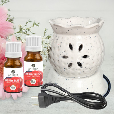 Aatiutik Berry Bliss Diffuser Set Handcrafted Ceramic Electric Diffuser for Home Fragrance Aroma Oils for Aromatherapy | Air Freshener | Camphor/Essential Oil Burner | Night Lamp Light(2 x 10 ml)
