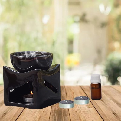 Jimkia Ceramic Tealight Diffuser Set Black Square Oil Burner With 2 Candle 10ml Aroma Oil, Diffuser, Diffuser Set(10 ml)