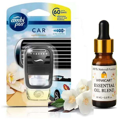 Ambipur AC Vent Perfume Vanilla Starter Kit 7.5ml Long Lasting Essential Oil Dropper Car Freshener Aroma Oil, Refill AC Vent Gel Perfume Starter Kit 7.5ml Vanilla Bouqet + 10ml Jasmine Essential Oil Dropper | Long-Lasting Car Air Freshener | Soothing Floral Fragrance for AC Vent Use(10 ml)