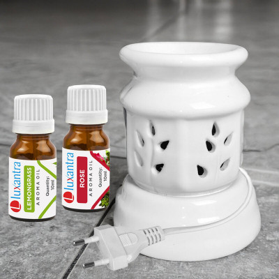 Luxantra Lemongrass and Rose Aroma Oils Diffuser Set with Ceramic Electric Fragrance Oil Burner Handmade(20 ml)