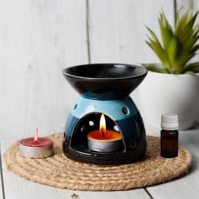 Jimkia Ceramic Aroma Tealight Diffuser/Oil Burner Pot Flower Design -Black & Blue, Color Aroma Oil, Diffuser Set(4 x 2.5 ml)