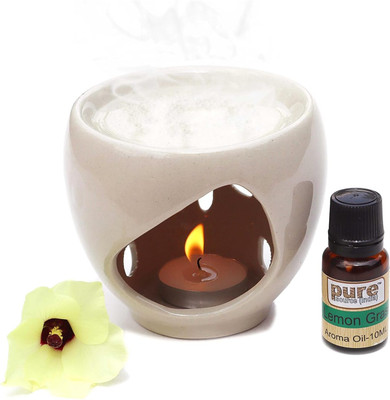 LANDSLIDE Ceramic Aroma Burner, (4 X 4 Inch) (White), Oil Warmer for Home & Office Decor Diffuser Set PSI-CERAMIC-AROMABURNER-WHT10ML-LG(80 ml)