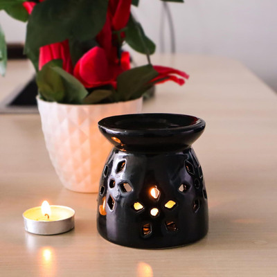 LANDSLIDE Ceramic Round Aroma, Burner with 1 Tea Light Candle, Black 3.25 Inch Diffuser Set PSI-CMK-ROUNDSMALL-BURNERBLK-3.25INCH-FC(25 ml)