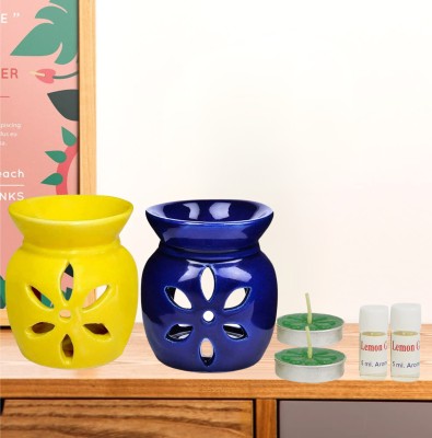 Jimkia Ceramic Tealight Diffuser Set Flower Cut Design Oil Burner With 2 Candle,2(5ml) Aroma Oil, Diffuser, Diffuser Set(2 x 5 ml)