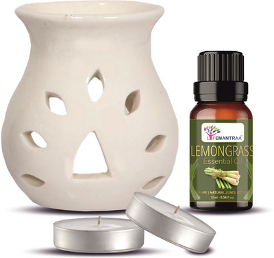 lifemantraa White Ceramic Diffuser Burner with Lemongrass Aroma Oil for Home Fragrance Diffuser Set Ceramic Aroma Diffuser Burner with Lemongrass Aroma Oil 10ml and Two Tea Light Candles for Home Fragrance (White - 9CM)(1 Units) lifemantraa White Ceramic Diffuser Burner with Lemongrass Aroma Oil for Home Fragrance Diffuser Set Ceramic Aroma Diffuser Burner with Lemongrass Aroma Oil 10ml and Two Tea Light Candles for Home Fragrance (White - 9CM)(1 Units)