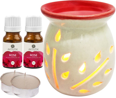 Aatiutik Rose Aroma Oil with Ceramic Tlight Home Fragracne Air Freshener Aroma Diffuser Set AT-TOPREDDIFF-2TL-2RS(5 x 4 ml)