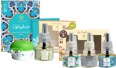 Ekam Fresh Scented Plugin Air Freshener Combo Automatic Spray Fresh Scented Plugin Air Freshener Combo| Plug In Kit + 3 Pack Refill 45ml Each + Fragrance Sachet | Lasts up to 60 days|Used For Aromatherapy, Stress Relief And Relaxation(3 x 1 Units)