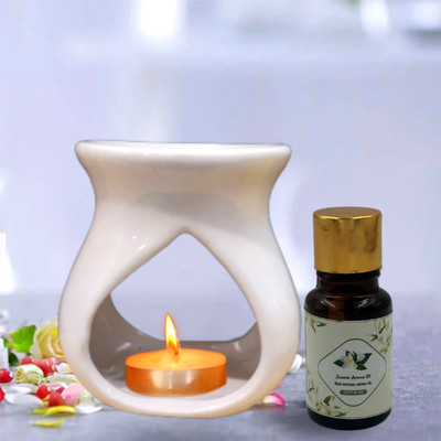 Home Delight Diya Cutting Ceramic White Diffuser With 10ml Jasmine Oil & One Tea Light Candle Diffuser Set HD-Diya-Diffuser-White-Jasmine-01(3 x 1 Units)