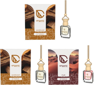 Airganic Aroma Swing Prime Combo Offer : Sandalwood - Pack 2 & Musk Car Freshener Diffuser Aroma Swing Prime Car Perfume Hanging Pod |Sandalwood - Pack 2 & Musk | Car Air Freshener |Natural Essential Fragrance Oils in Glass Bottle with Wooden Diffuser Lid |Last Upto 60 Days(3 x 10 ml)