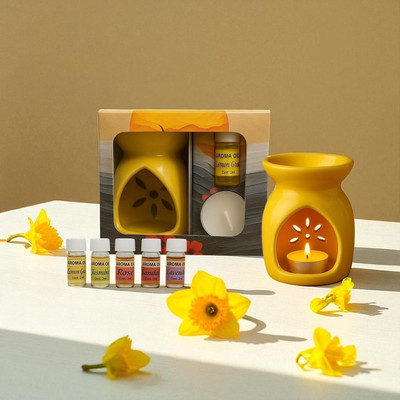 Ascension Lemon grass, Jasmin, Rose, Sandal, Lavende Aroma Oil Ceramic Yellow Aroma Oil Burner Heat Diffuser Set(2 ml)