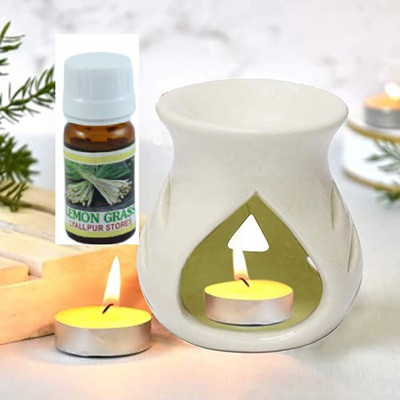 Jimkia Ceramic Diffuser Tealight Burner with 10ml Lemon Grass Oil & 2 Pcs Candles Diffuser Set Ceramic Diffuser Tealight Burner with 10ml Rose Fragrance Oil& 2 Pcs Candles For Home Decor White Color(4 x 2.5 ml)