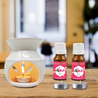 PeepalComm Ceramic White Oil Burner Diffuser With 2 candles & 2 10ml Forest Rose Aroma Oil, Diffuser Set(20 ml)