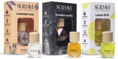 SURAAVI Lavender Lane, Lemon Drift, Smoked Vanilla Car Freshener Diffuser Set Premium Car Perfume Air Freshener Hanging Pod Set of 3 – Lavender, Lemon, Smoked Vanilla | Natural Car Fragrance Oil Diffuser in Glass Bottle With Wooden Cap | Long Lasting up to 30 Days Each(3 x 2.67 ml)