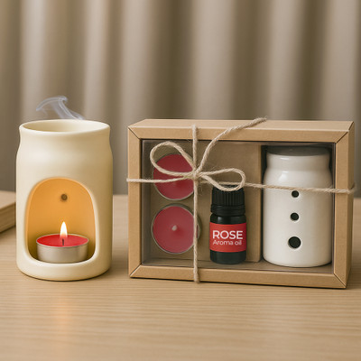 Floryn decor Rose Diffuser Set Aroma Diffuser Set – Ceramic Oil Burner with 2 Tealight Candles & 10ml Essential Oil(391 g)