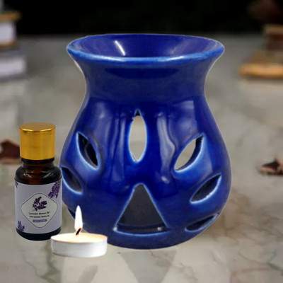 Home Delight Small Ceramic Blue Diffuser With 10ml Lavender Fragrance, One Tea Lights Candle Diffuser Set, Aroma Oil Ceramic Blue Aroma Diffuser with 10ml Lavender Fragrance & One Tea Lights Candles(3 x 1 Units)