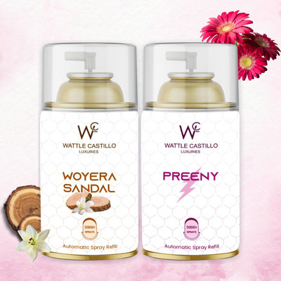 Wattle Castillo Luxuries Woyera Sandal Room Freshener, And Preeny Coll Smell Air Freshener Refill Automatic Spray, Diffuser Set 265ml Air Freshener Refilled(2 x 265 ml)
