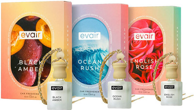 EVAIR Black Amber, Ocean Rush, English Rush Car Freshener Diffuser Combo Pack of Car Air Freshener with Essential Oils Fragrances(3 x 10 ml)