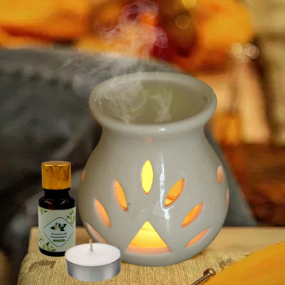 Home Delight Medium Ceramic White Diffuser With 10ml Jasmine Fragrance, One Tea Light Candles Diffuser Set, Aroma Oil Ceramic White Aroma Diffuser with 10ml Jasmine Fragrance &One Tea Lights Candle(3 x 0.33 Units)