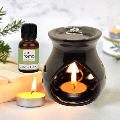 Airroma Aroma Gift Set Oil Burner Aroma Diffuser Black (Free 2 Tea Light Candles & 10 ml Lemon Grass Aroma Oil) Diffuser, Diffuser Set, Aroma Oil Diffuser Oil Burner Gift Set(4 x 1 Units)