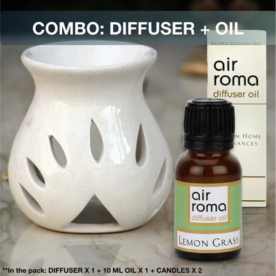 Airroma Lemon Grass Diffuser, Diffuser Set, Aroma Oil Ceramic Aroma Diffuser Oil Burner(White) with 10ml Lemon Grass Oil & 2 Pcs Candles(4 x 1 Units)