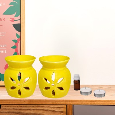 Jimkia Ceramic Tealight Diffuser Set Tomato Shape Oil Burner(Yellow), Lemongrass Aroma Oil, Diffuser, Diffuser Set(2 x 5 ml)