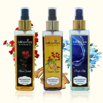 GRRAVITAS Rose-Sandalwood-Pacific Blu Air Freshener Spray Room Air Freshener Spray | Combo of Rose - 200ml, Pacific Blue - 200ml & Sandalwood Fragrance - 200ml(3 x 200 ml)
