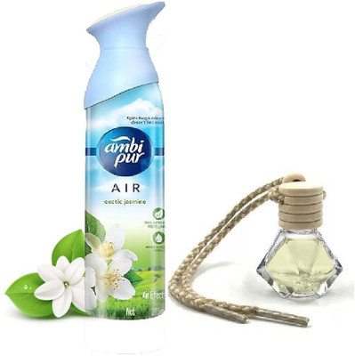 Ambipur Car & Room Air Freshener|Long-Lasting Odour Eliminator|Exotic Jasmine Fragrance Spray, Aroma Oil Natural Jasmine Car & Room Freshener Spray + Wooden Hanging Diffuser Pod | Long-Lasting Odour Eliminator | Air Freshener Spray & Car Diffuser Combo(2 Units)