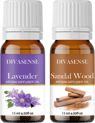 Divasense Lavender, Sandal Wood Aroma Oil, Diffuser, Diffuser Set, Potpourri, Refill Aroma Essential Oils for Diffuser Lavender and Sandal Wood of 15ml Each | Aroma Oil Diffuser for Home Fragrance | Set of 2(15 ml)