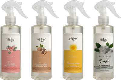 Visley Rose+Sandal+Morning Vibes+Camphor Air Freshener Spray Naturally Fresh, Truly Pure(4 x 250 ml)