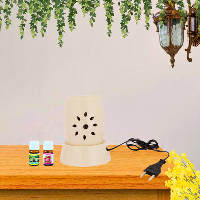 Jimkia Ceramic Electric Diffuser White, Round Shape Burner With 10 ML Rose/Lemongrass Aroma Oil, Diffuser, Diffuser Set White Round Shape Diffuser - E(3 x 3.33 ml)
