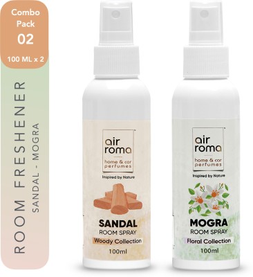 Airroma Sandal and Mogra Air Freshener Spray (200ml) | Long-Lasting Odour Eliminator Spray, Blocks(2 x 100 ml)