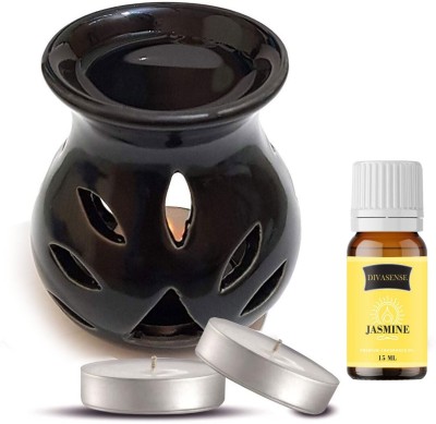 Divasense Ceramic Aroma Diffuser Oil Black Burner with 2 Tea light Candle, Jasmine Aroma Oil, Refill, Diffuser Set(15 ml)