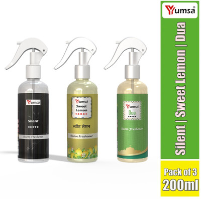 YUMSA Combo Pack of Air Fresherner, Fresh, Lemon, Floral Spray Dua, Sweet Lemon and Silent(3 x 200 ml)