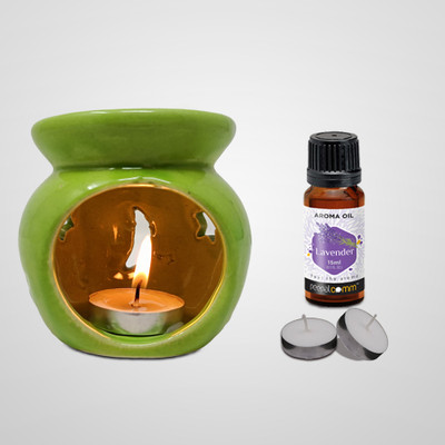 PeepalComm Premium New Ceramic Oil Burner Aroma Diffuser-Set of 1 with 2 candle,1 Aroma Oil, Diffuser Set Premium Ceramic Clay Oil Burner Aroma Diffuser, ( Green Color ) -Set of 1 with 1 15ml High Scented Aroma Oil & 2 Tlight Candle Free A1(1 Units)