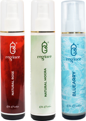 REGINCE Natural Air freshener spray rose, Mogra, Magicstar for Car, Office & Home Car Freshener Spray Natural Room Air Freshner Spray Combo Mogra,Rose& Bluearry (3X100mL)| Water based long lasting Fragrance for Home, Office & Car|Long Lasting Fragrance(3 x 100 ml)