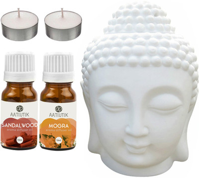 Aatiutik Mogra, Tlight Buddha Head, Sandalwood Diffuser Set AT-2TL_SW_MOG(5 x 4 ml)