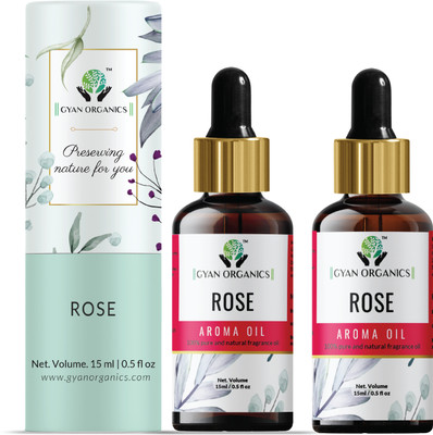 Gyan Organics Rose Car Freshener Aroma Oil, Diffuser, Refill, Spray Aroma Oil Rose Diffuser Refill Oil Fragrance Rose Aroma Oil Fragrance for Home Room Office & Washrooms(2 x 15 ml)