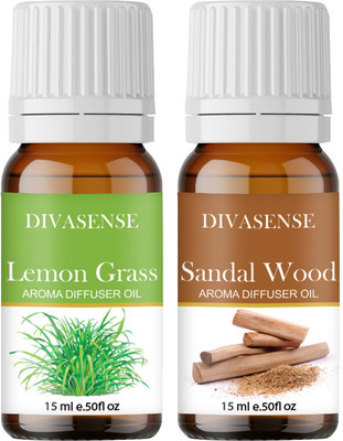 Divasense Sandal Wood, Lemon Grass Aroma Oil, Diffuser, Refill Essential Oils for Diffuser Sandal Wood and Lemon Grass of 15ml Each | Aroma Oil Diffuser for Home Fragrance | Set of 2(2 x 7.5 ml)
