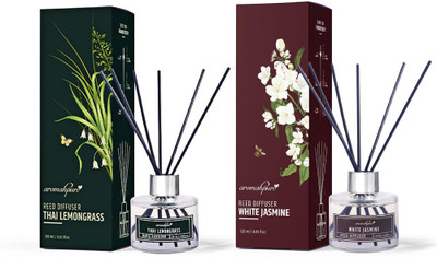 Aromahpure Reed Diffuser with 12 Fiber Reed Sticks Jasmine, Lemongrass Room Air Freshener Diffuser Set REED-DIFFUSER-COMBO(2 x 120 ml)