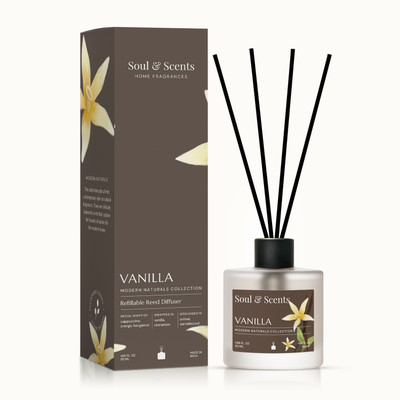 Soul & Scents Vanilla Diffuser Set Vanilla Reed Diffuser Set - 50ml | Blend of Toasted Coconut, Vanilla & Musk | Get 5 Rattan Reed Sticks | Smoke Less Room Freshener for Home, Bedroom, Living Room & Office(50 ml)