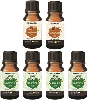 PeepalComm High Scented Aroma Oil Jasmine Sandalwood Set Of 6 For Freshener 4-2 Combo Aroma Oil, Refill, Diffuser Home Gift Scented Aroma Oil for Diffuser, Burner Kapoordani Set of 6 - Fragrance Scent - Jasmine & Sandalwood- Best for Home Office, Cool Mist Large Rooms, Bedroom, (Each 10ml) S8(60 ml)