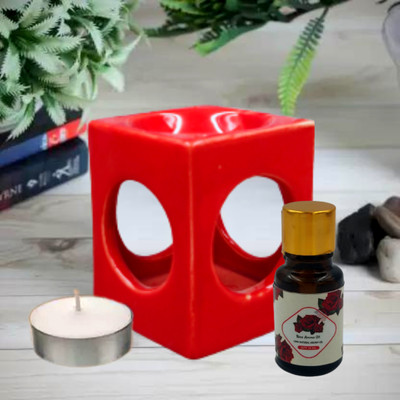 Home Delight Small Square Ceramic Red Diffuser With 10ml Rose Fragrance & One TeaLight Candle Diffuser Set, Aroma Oil HD-Square-S-Diffuser-Red-Rose-01(3 x 1 Units)