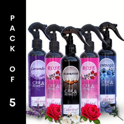CABRESE Lavender, Rose, Celebration, Rose, Indigo Car Freshener Spray Black bottle packaging premium room freshener(5 x 250 ml)