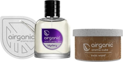 Airganic Aroma Car Freshener Combo Pack – Fine Spray Mystery & Aroma Cube Swiss Wood Car Freshener Blocks(2 x 1 Units)