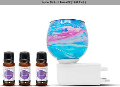 PeepalComm Marble Printed Electric Kapoor Dani Camphor Diffuser Lamp with 3 15ml Lavender Aroma Oil, Diffuser Set Premium Unique Marble Printed Design Blue Electric Air Freshener Kapurdani Night Lamp with Switch to Toggle Between Burner and Lamp With 3 Aroma Oil ( 15ml Each) Lavender N2(45 ml)